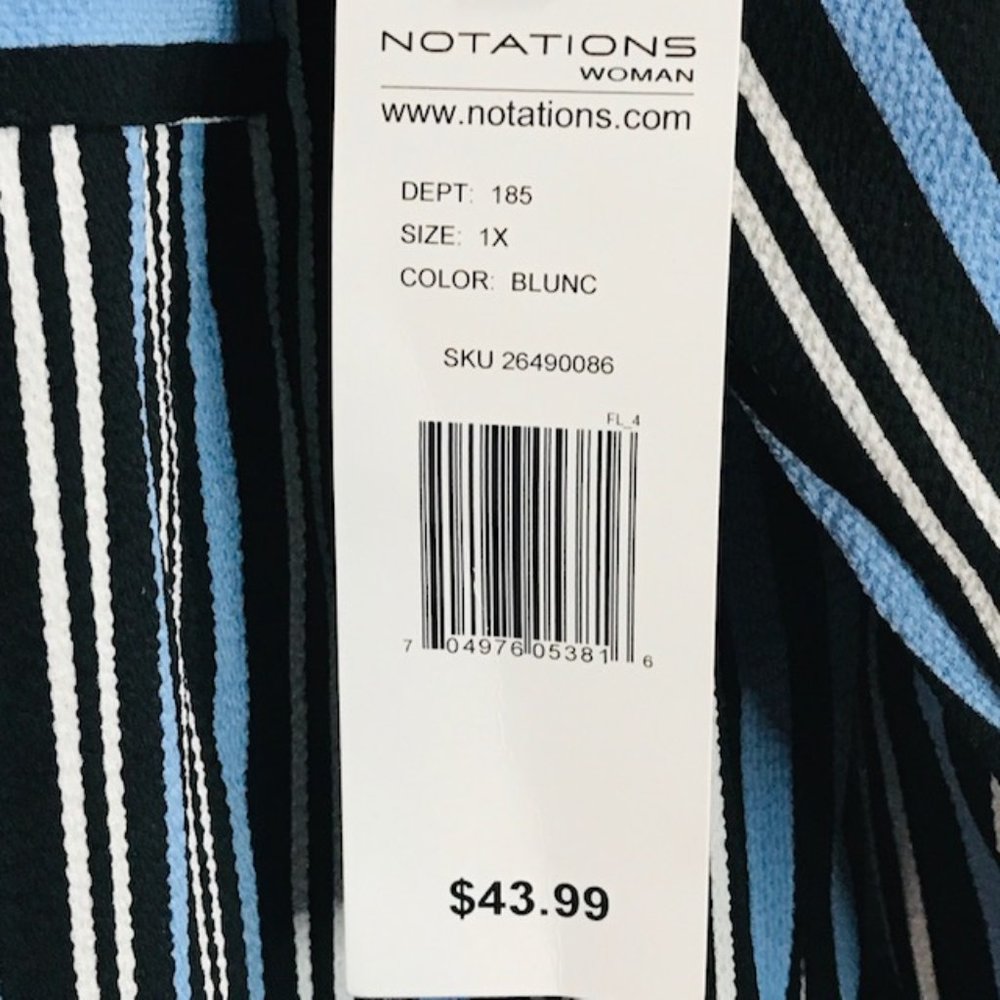 Notations Blue Black White Stripe Blouse size 1X NWT - Picture 3 of 6